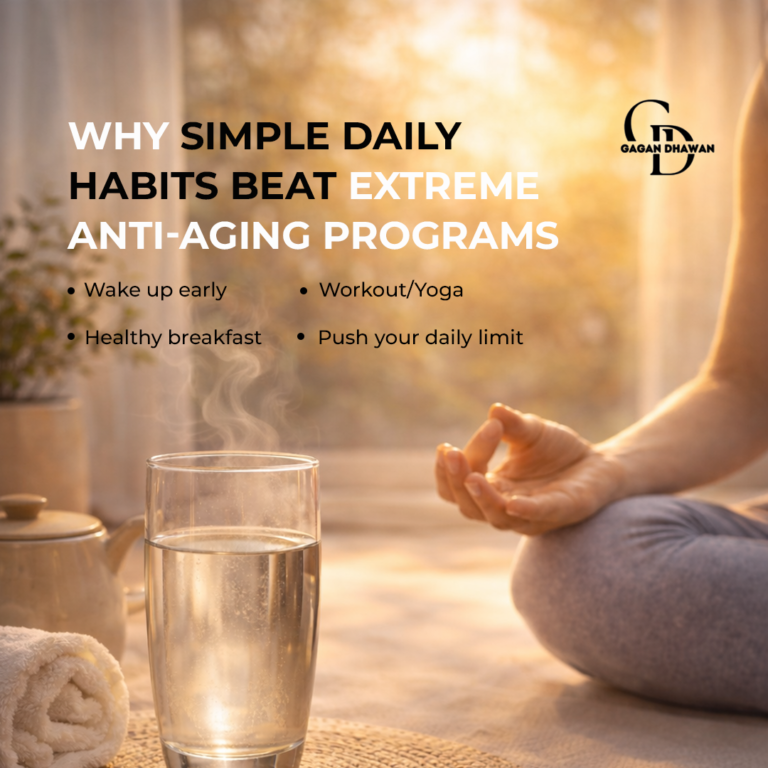A calm, minimal visual showing a morning wellness routine with soft natural light, a glass of warm water and gentle movement. The image represents sustainable healing, simplicity and daily habits that support long term health.